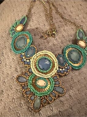 Fabric Backed Beaded Bib Collar Necklace Blue And Aqua Boho Summer Statement